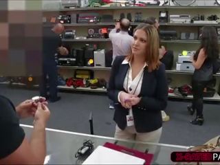 Brunette representative offering old stuff ends up in the office